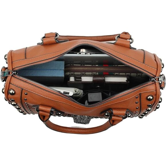 Women's Skull Handbag Large Gothic Shoulder Bag Studded Doctor Bag Brown - Picture 6 of 6